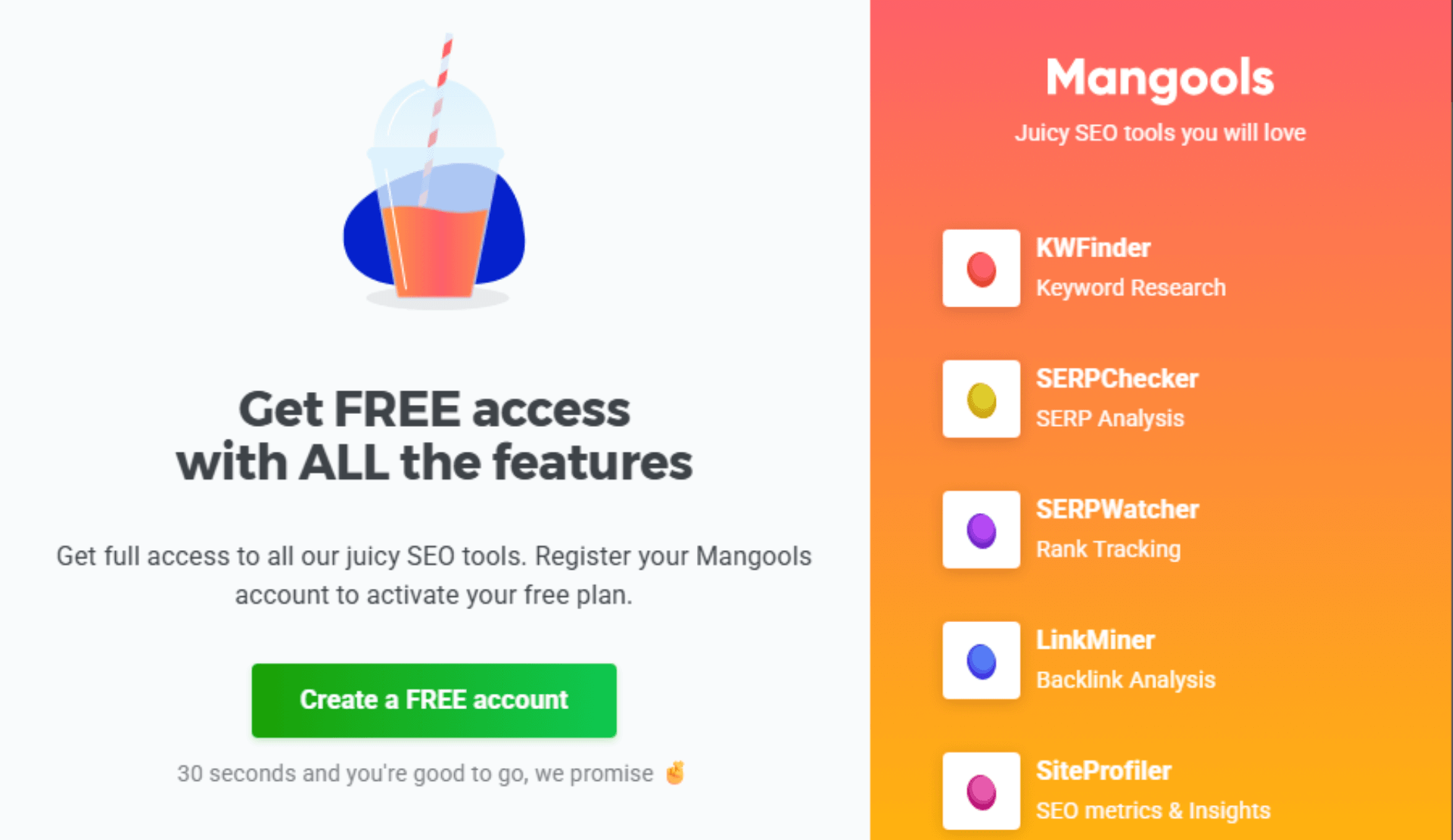 Mangools Startbildschirm mit Hinweis zur Account-Erstellung und Übersicht der enthaltenen SEO-Tools