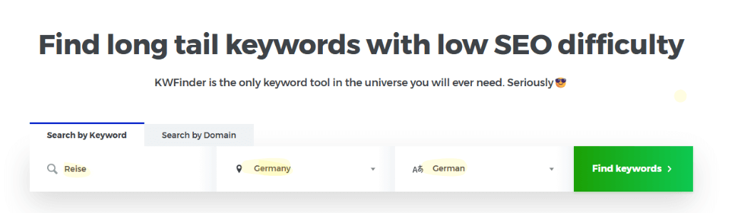 Eingabemaske im Mangools Keywordfinder mit dem Begriff Reise, Land Germany und Sprache German