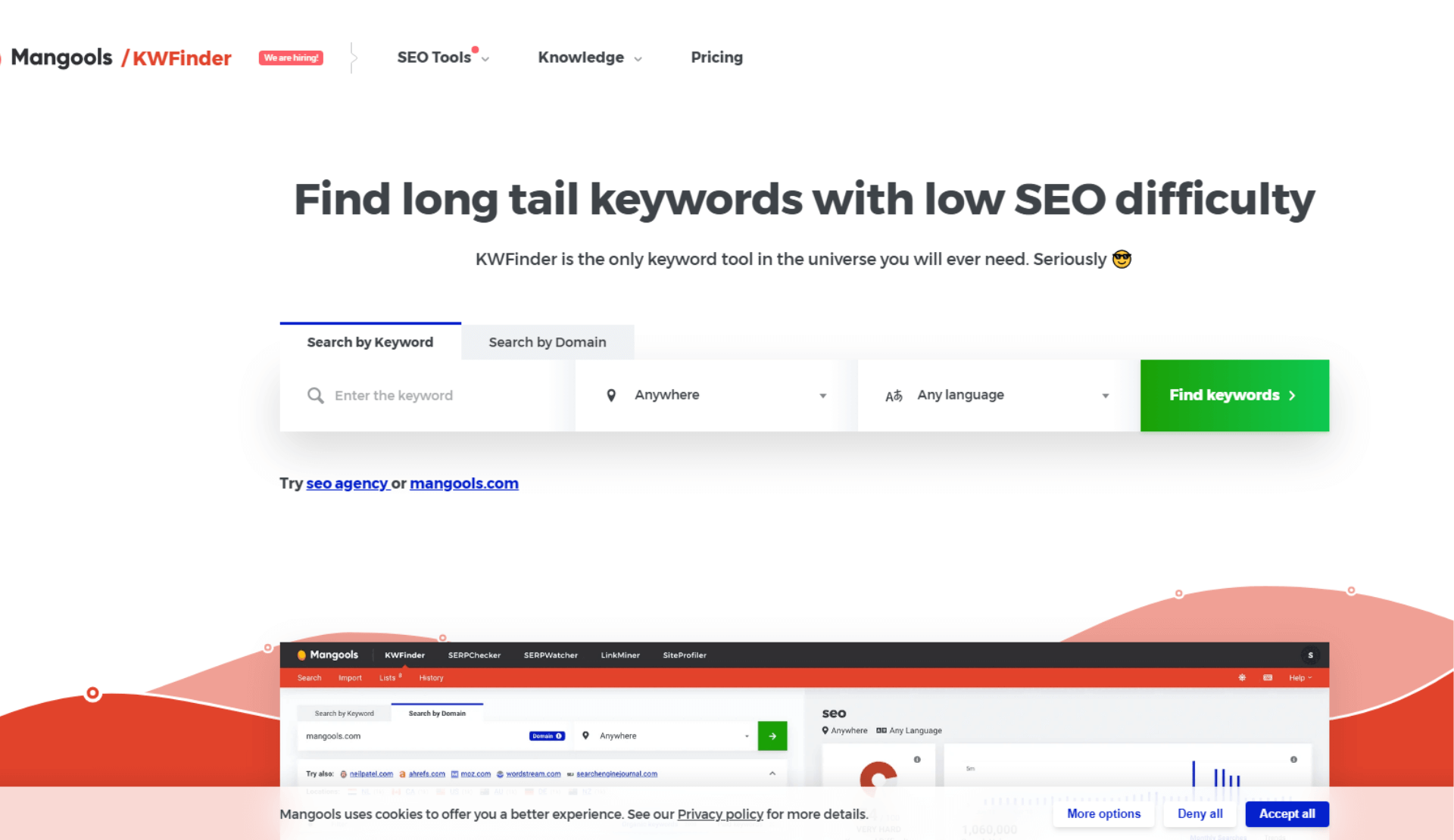Startseite des Mangools Keywordfinders mit Eingabefeldern für Keyword, Land und Sprache
