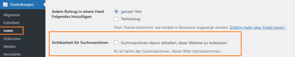 WordPress Einstellungen Lesen mit Option Sichtbarkeit für Suchmaschinen, die Checkbox zur Indexierung darf nicht angehakt sein