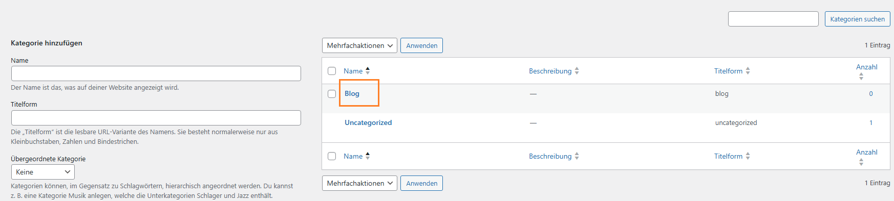 WordPress Kategorienübersicht mit neu angelegter Blog Kategorie im Dashboard