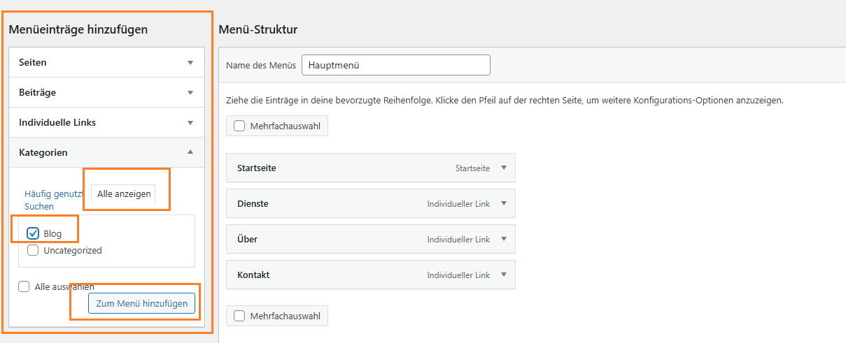 WordPress Menü Einstellungen mit Auswahl der Blog Kategorie und Button Zum Menü hinzufügen