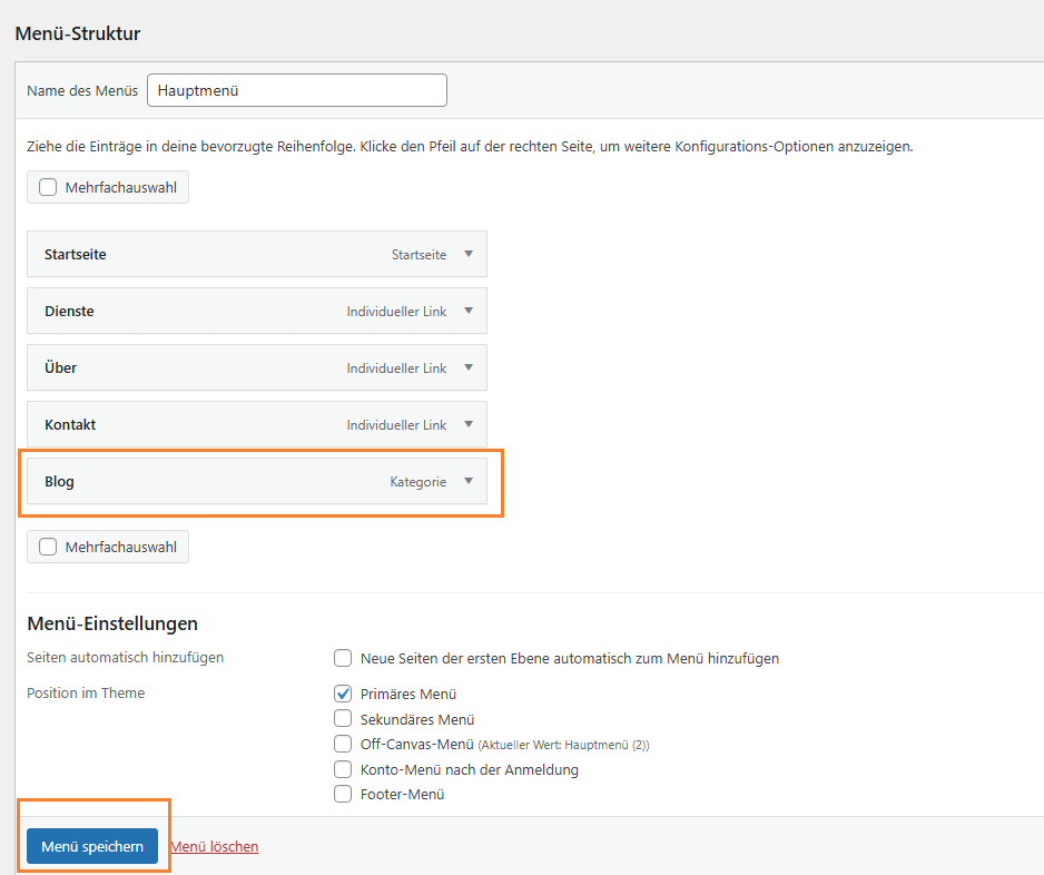 WordPress Menü-Struktur mit hinzugefügtem Blog Menüpunkt im Hauptmenü
