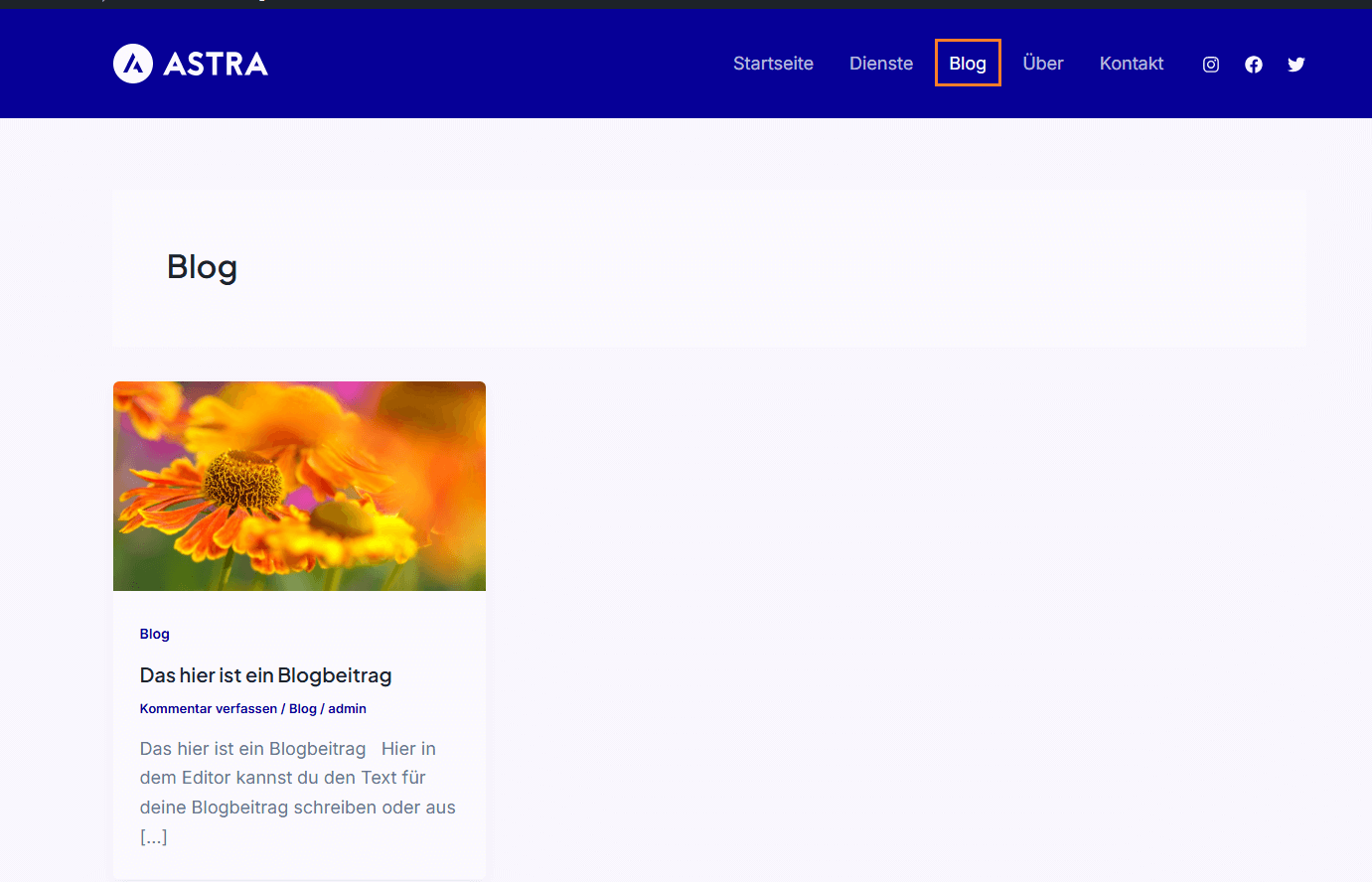 WordPress Website mit Blog Menüpunkt und Übersicht des ersten Blogbeitrags mit Beitragsbild