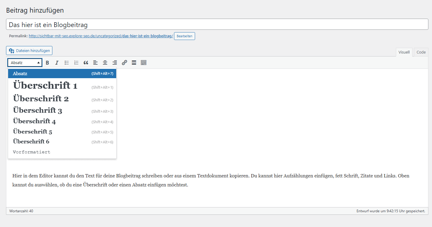 WordPress Classic Editor mit geöffnetem Beitrag und Auswahl der Überschriften für den Text