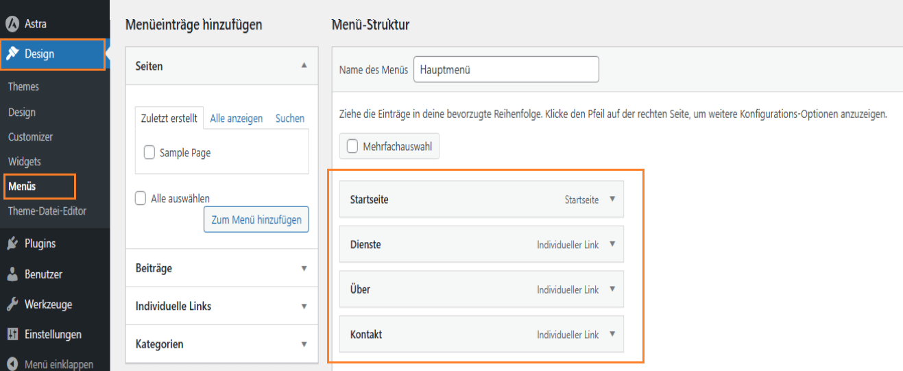 WordPress Menü Einstellungen mit geöffneter Menü-Struktur und Einträgen wie Startseite, Dienste, Über und Kontakt