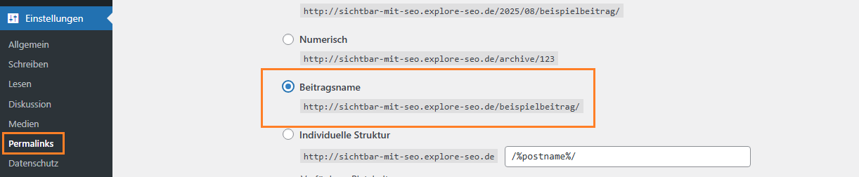 WordPress Einstellungen Permalinks mit aktivierter Option Beitragsname für lesbare URLs