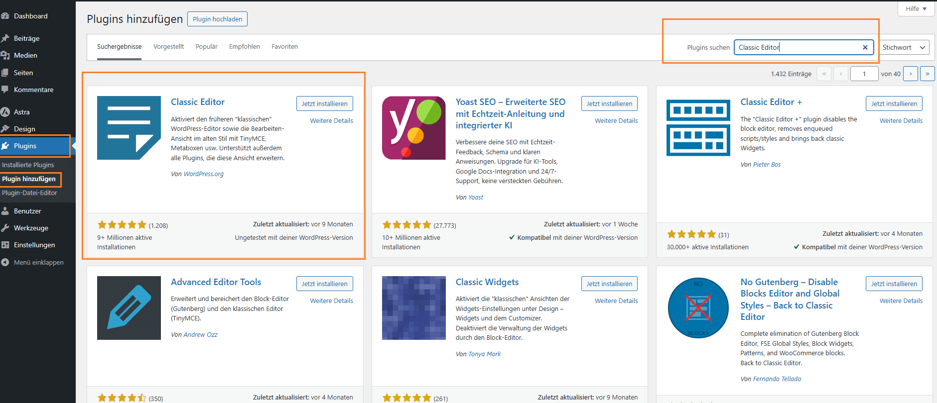 WordPress Plugin-Bereich mit Suchergebnis Classic Editor, bereit zur Installation