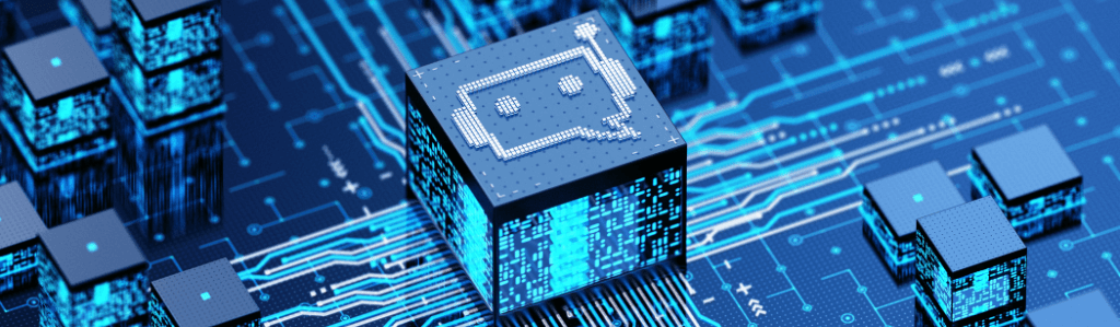 Digitale Chat-Symbole auf Mikrochip als Symbol für Kommunikation zwischen zwei KIs