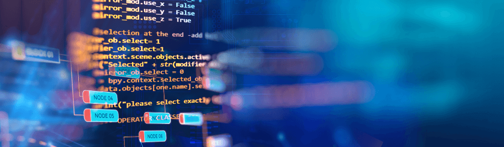 Verschwommener Technik-Hintergrund mit Codezeilen als Symbol für die technische Seite von WordPress und regelmäßige Pflegearbeiten.