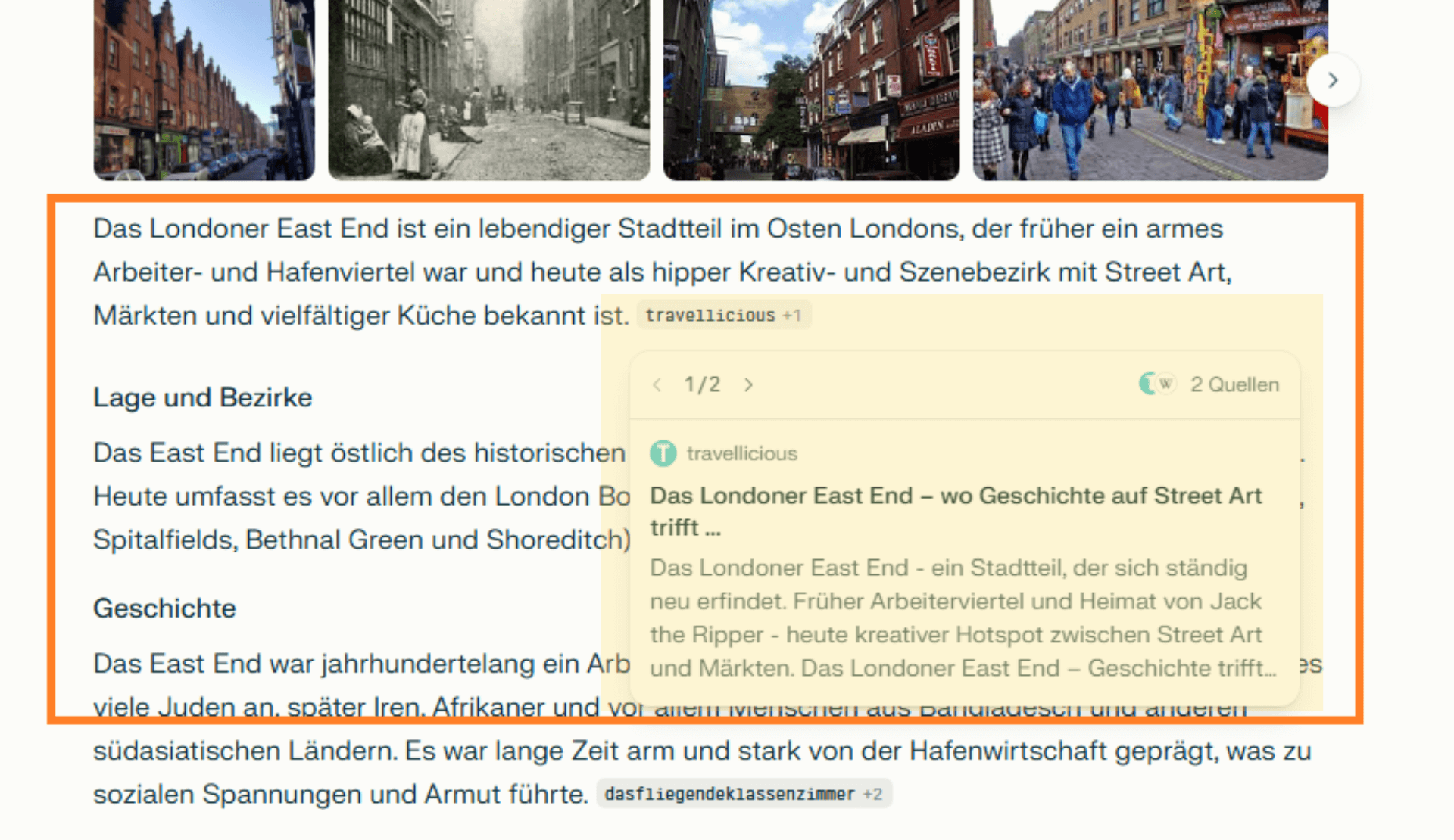 Beispiel einer KI Antwort mit Quellenangabe, die auf einen Blogartikel verweist